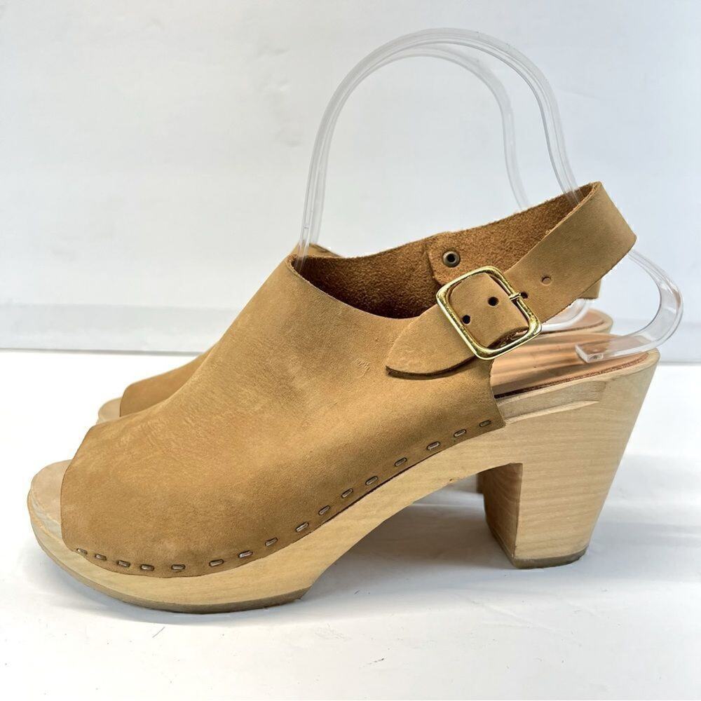 Bryr Suzie Spanish Open Toe Leather Slingback Wood Clogs Heels Fennel EU37/US7